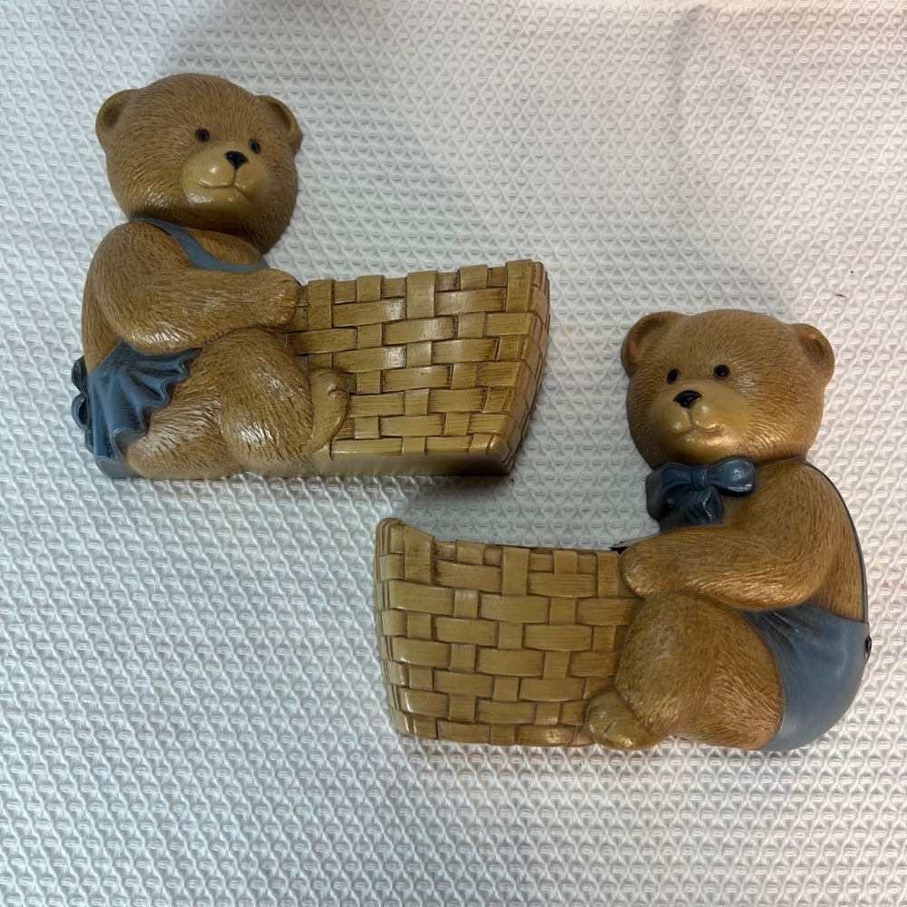 Vintage Teddy Bear Wall Pocket Planters Set of 2 Nursery Decor Brown Blue Resin